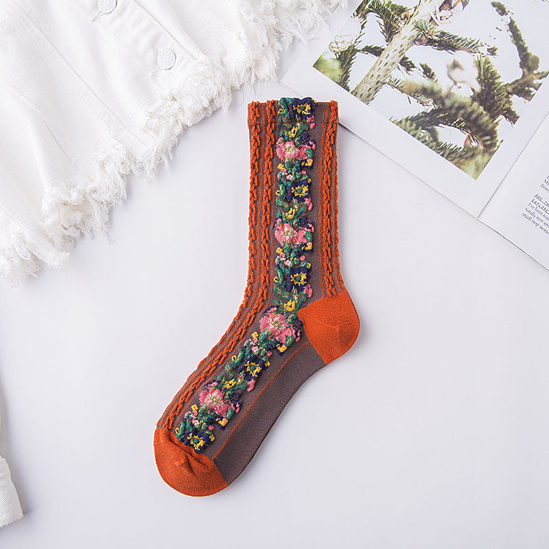 5 Paar gestickte Blumensocken im Vintage-Stil