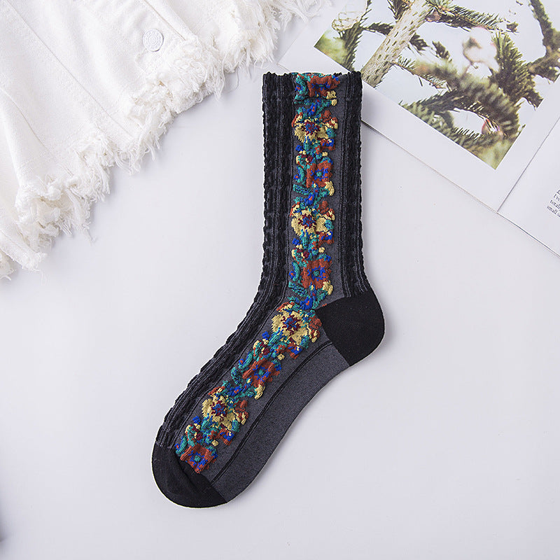 5 Paar gestickte Blumensocken im Vintage-Stil