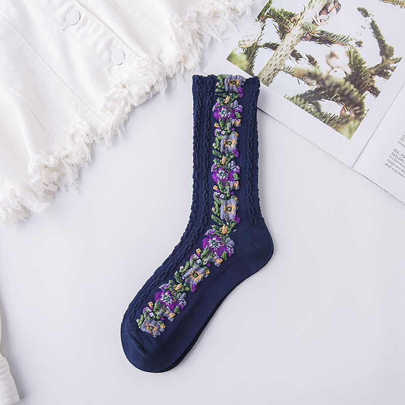 5 Paar gestickte Blumensocken im Vintage-Stil